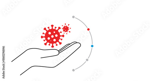 Iconographic hand holds a red stylized coronavirus symbol next to a curved line with colored dots representing health protection and monitoring.