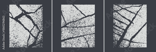 A set of three monochromatic distressed textures featuring dark lines resembling cracks or fissures on a light speckled surface