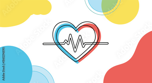 Colorful healthcare concept features a black line art heart and pulse rhythm over a background of bright abstract blobs and circles on white.
