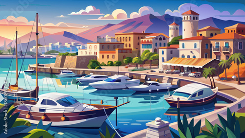 Very beautiful panoramic view of Kyrenia marina in Cyprus, featuring elegant yachts, calm Mediterranean waters, and historic harbor architecture under soft natural daylight.