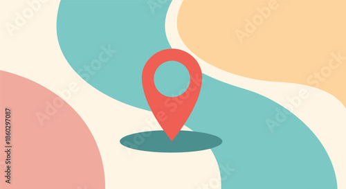 Red map pin icon is placed centrally over a background of colorful flowing waves in teal peach and cream pastel tones for travel design.