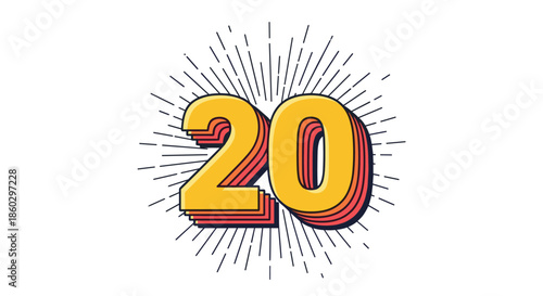 Number twenty is displayed in a vibrant orange and yellow layered retro style with a radial sunburst background of thin black lines.