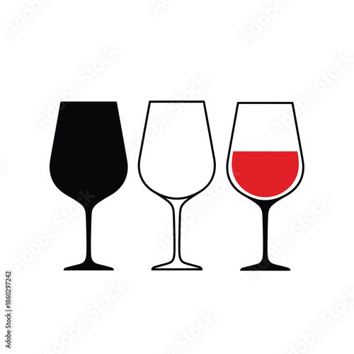 A visual representation of three wine glasses one full one empty and one partially filled with red wine