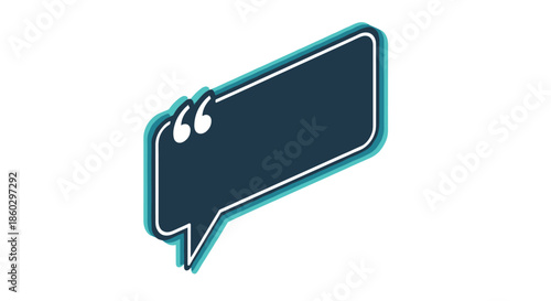 Empty dark blue speech bubble with quotation marks and a teal shadow effect is presented from a side perspective for quoted text.