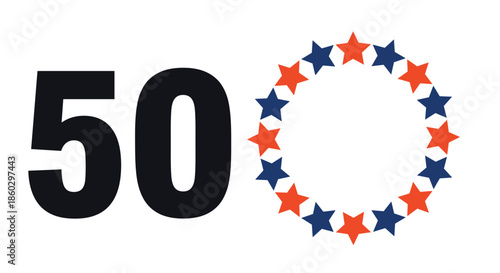 Number fifty for anniversary celebrations is shown in a bold black font next to a circular ring of alternating blue and red stars.