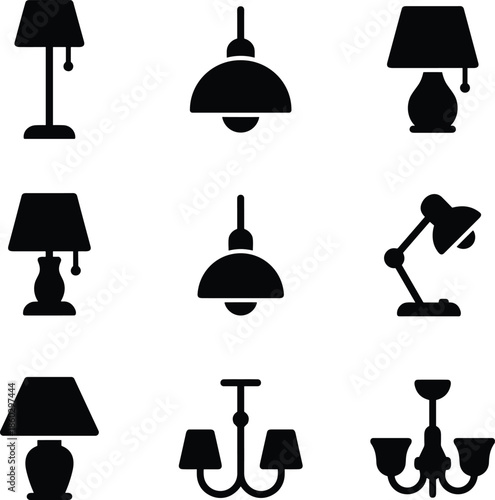Black lamp silhouette icon set featuring table, desk, pendant and chandelier lights isolated on white background, minimalist lighting vector collection