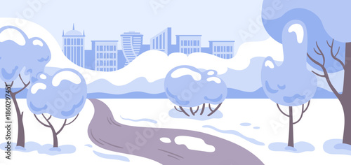 Winter park tucked between skyscrapers, stylized vector trees and benches, gentle snowfall, and clean geometric shapes in cool blues and whites.