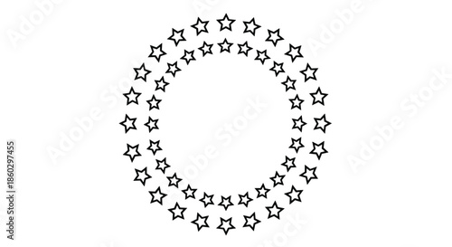 Circular frame design is created from two concentric rings of simple black outline stars for a versatile and festive decorative border.