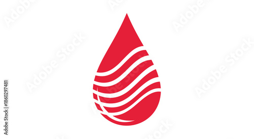 Red water drop icon with white wavy lines inside representing liquid flow or energy concepts for industrial or medical use isolated on white background.
