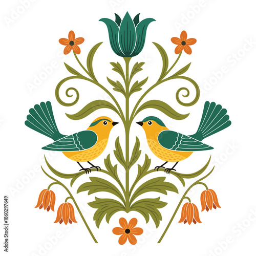 Wallpaper Mural Vibrant floral design with two birds and colorful flowers Torontodigital.ca