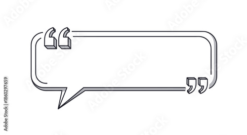 Empty speech bubble template with three dimensional quotation marks for messages, quotes, or social media comments.