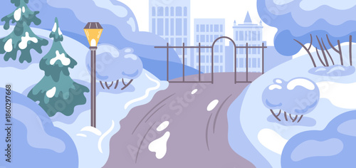 Winter city park at dusk snow-blanketed walkways, illuminated lampposts, firs and leafless trees, distant skyscrapers, in vector style