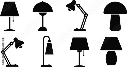 Desk and table lamp silhouette icon set with modern classic lighting designs, black vector illustration isolated on white background