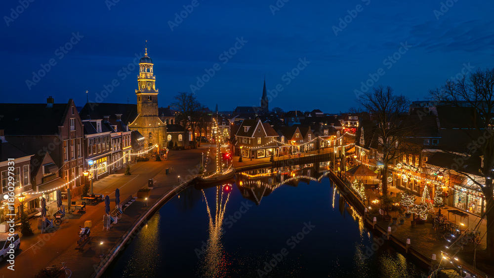 Fototapeta premium Aerial from christmas in the city Lemmer in the Netherlands 