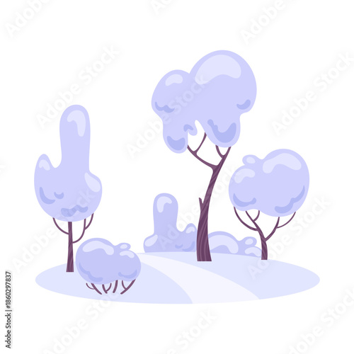Violet-toned winter landscape with snow-covered trees and a soft twilight sky a calm, minimalist vector scene for serene seasonal decor