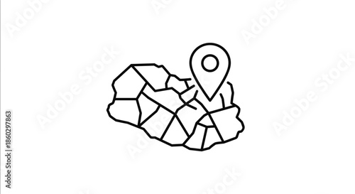 Simple black line art map representation with a large location pin marker icon for navigation and find services.