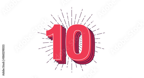 Number ten in a vibrant red stacked three dimensional font with radiating light rays for celebrations or milestones.