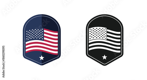 American flag shield badge set featuring a colorized version and a solid black silhouette for patriotic emblems.
