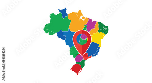 Map of Brazil divided into colorful states with a large red location pin marker placed over the central region.