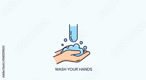 Wash your hands icon showing hands with blue soap bubbles and a water stream for hygiene and safety awareness.