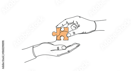 Continuous line drawing of two hands passing a single orange puzzle piece for teamwork and partnership concepts.