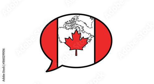 Map of Canada with national flag pattern enclosed within a black outlined speech bubble icon for communication.