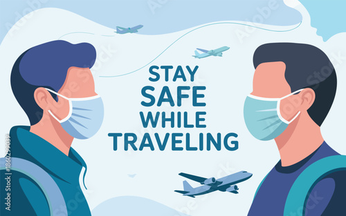 Two travelers wearing masks and staying safe while journeying by air