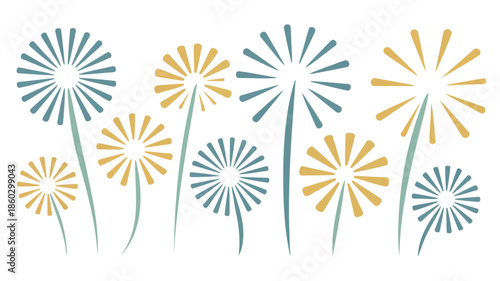 Vibrant dandelion flowers in yellow and blue on white background