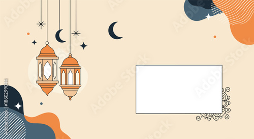 Ramadan Kareem background with hanging traditional lanterns, crescent moon, and stars on a beige background.