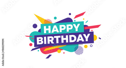 Happy Birthday greeting in a colorful geometric design with confetti, triangles, and circles for festive cards.