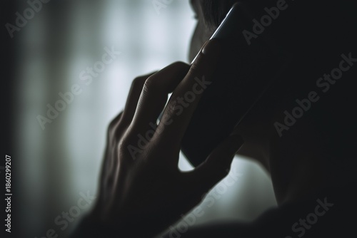 Moody low-key photo of an anonymous woman talking on a phone near a window. Concept of confidential communication, helpline support, reporting, counseling, privacy, and sensitive conversation. 