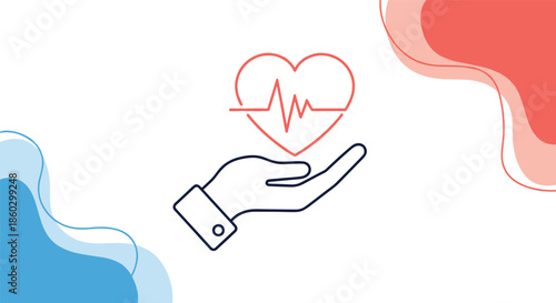 Healthcare and wellness concept showing a human hand supporting a heart with an ekg heart rate line pulse symbol icon.