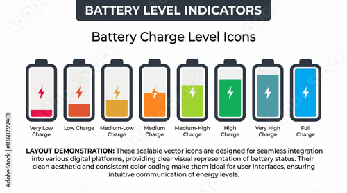 Battery Level Indicators Vector – Full to Low Charge Icons in Blue, Green, Orange, Red, Power Status Graphic for Devices, UI, Tech, and Energy Design