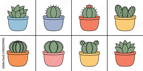 Collection of eight adorable hand drawn succulent and cactus illustrations potted in colorful containers set against a white background
