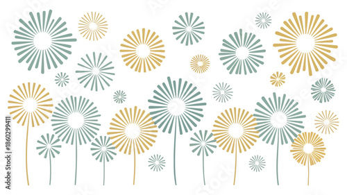 Vibrant floral pattern with stylized dandelions in gold and green hues