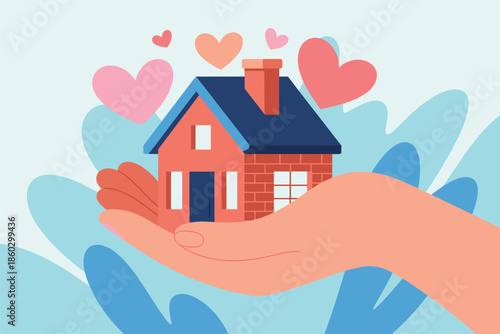 Hand Holding a Cozy House with Hearts Floating Around in a Serene Illustration
