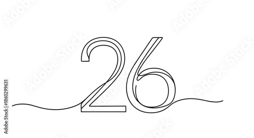 Elegant continuous line drawing of the number twenty six creating a simple and fluid artistic numeric symbol graphic.