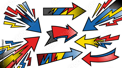 Retro Pop Art Style Arrows Pointing in Various Directions with Lightning Bolt Accents