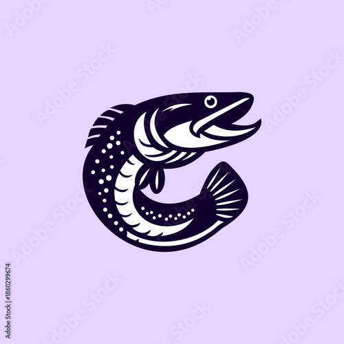 Stylized jumping snakehead fish illustration in bold monochrome vector style, dynamic aquatic animal design on soft background
