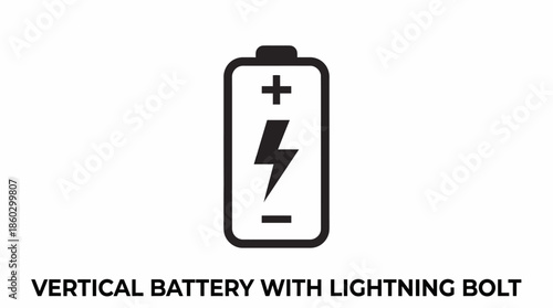 Vertical Battery with Lightning Bolt Vector – Upright Power Cell Icon with Polarity Symbols for Charging, Energy Storage, Electronics, UI, and Tech Design