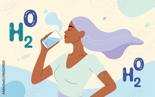 A woman drinking water from a glass, surrounded by H2O molecules in a serene environment