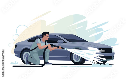 Man washing car with high-pressure water jet on a sunny day