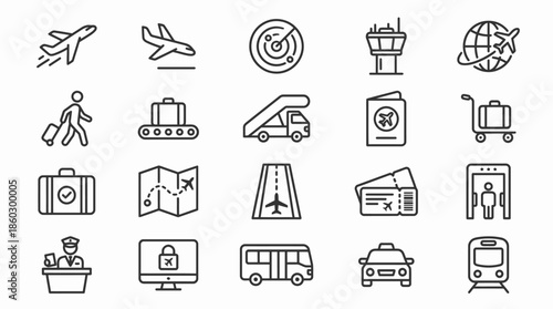 Air Travel and Airport Icons Vector – Line Style Set with Airplanes, Luggage, Passport, Taxi, Train, Security, Boarding, Radar, Globe, and Travel Elements