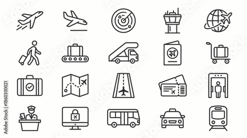 Air Travel and Airport Icons Vector – Line Style Set with Airplanes, Luggage, Passport, Taxi, Train, Security, Boarding, Radar, Globe, and Travel Elements