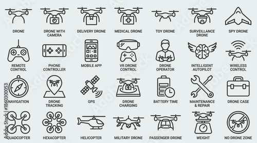 30 Drone Icons Vector Set – Surveillance, Delivery, Medical, Military, GPS, FPV, Controller, Quadcopter, Hexacopter, VR, Navigation, Battery, Repair, Case