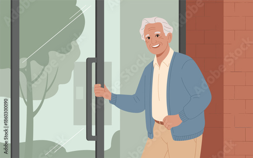 Elderly man entering a building through a glass door with a friendly smile