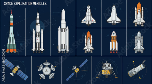Space Exploration Vehicles Vector – Cartoon Rockets, Satellites, Probes, Shuttles in Outer Space with Stars, Planets, Galaxy Background for Science, Education, and Tech Design