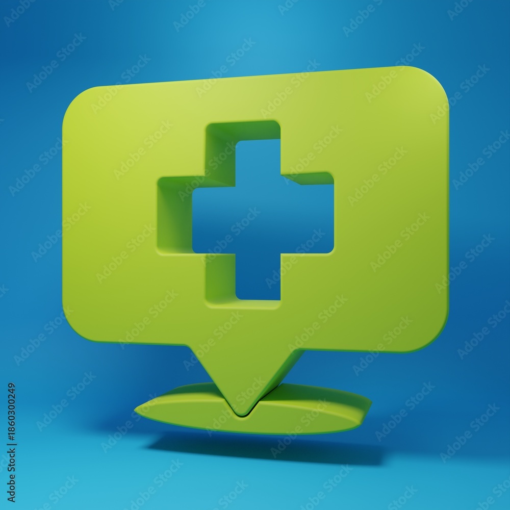 Obraz premium Green Medical map pointer with cross hospital icon isolated on blue background. Minimalism concept. 3D render illustration