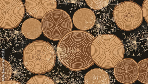 Seamless pattern featuring circular tree trunk cross-sections with visible growth rings and delicate dandelion seed heads on a dark background.