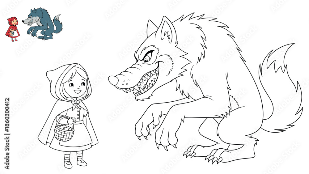 Fototapeta premium Coloring page illustration of Little Red Riding Hood with a basket facing the Big Bad Wolf with a colored reference image in the corner.
